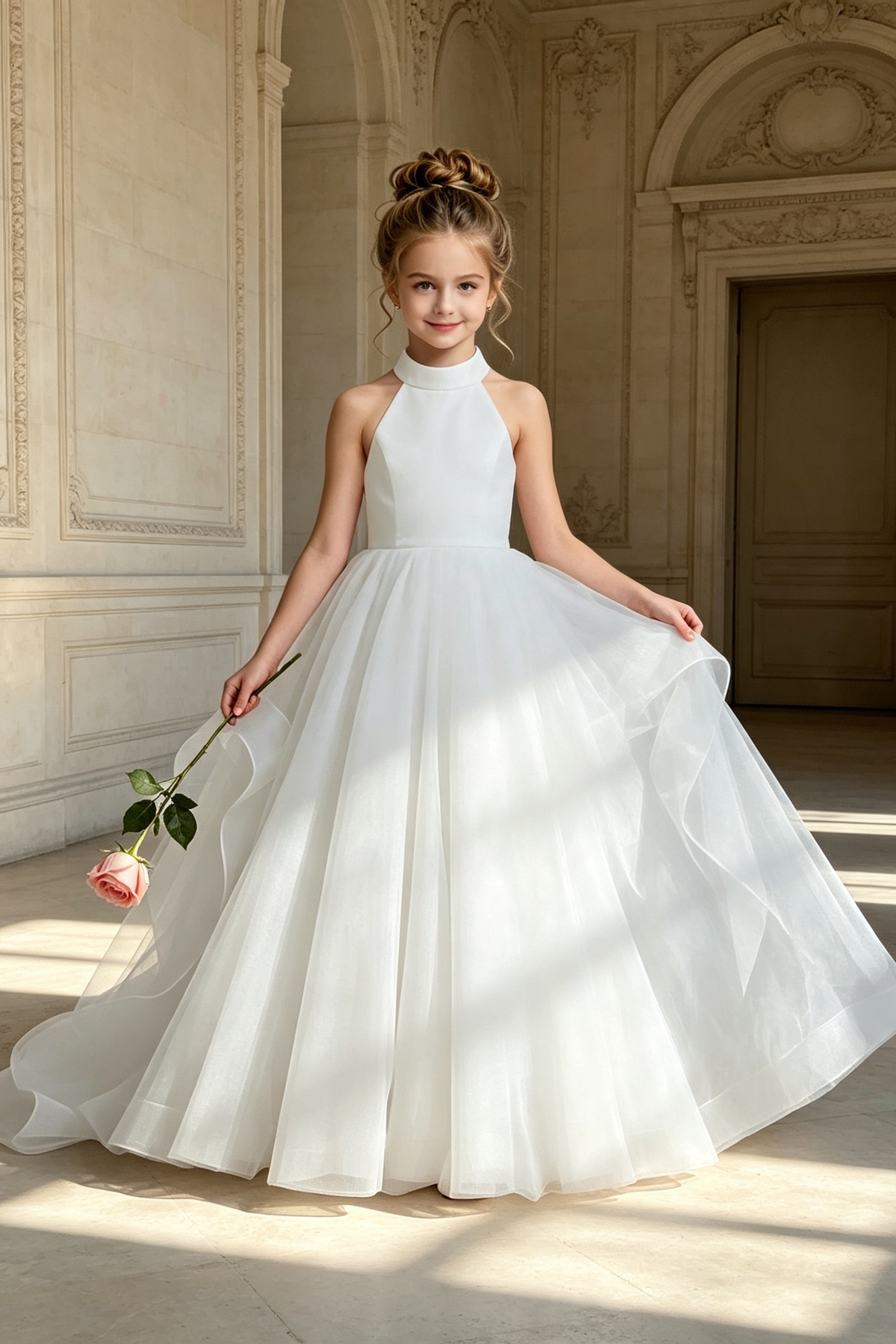 Light Pink Halter Neck Oversized Bow Back Satin Tulle A‑Line Formal Dress