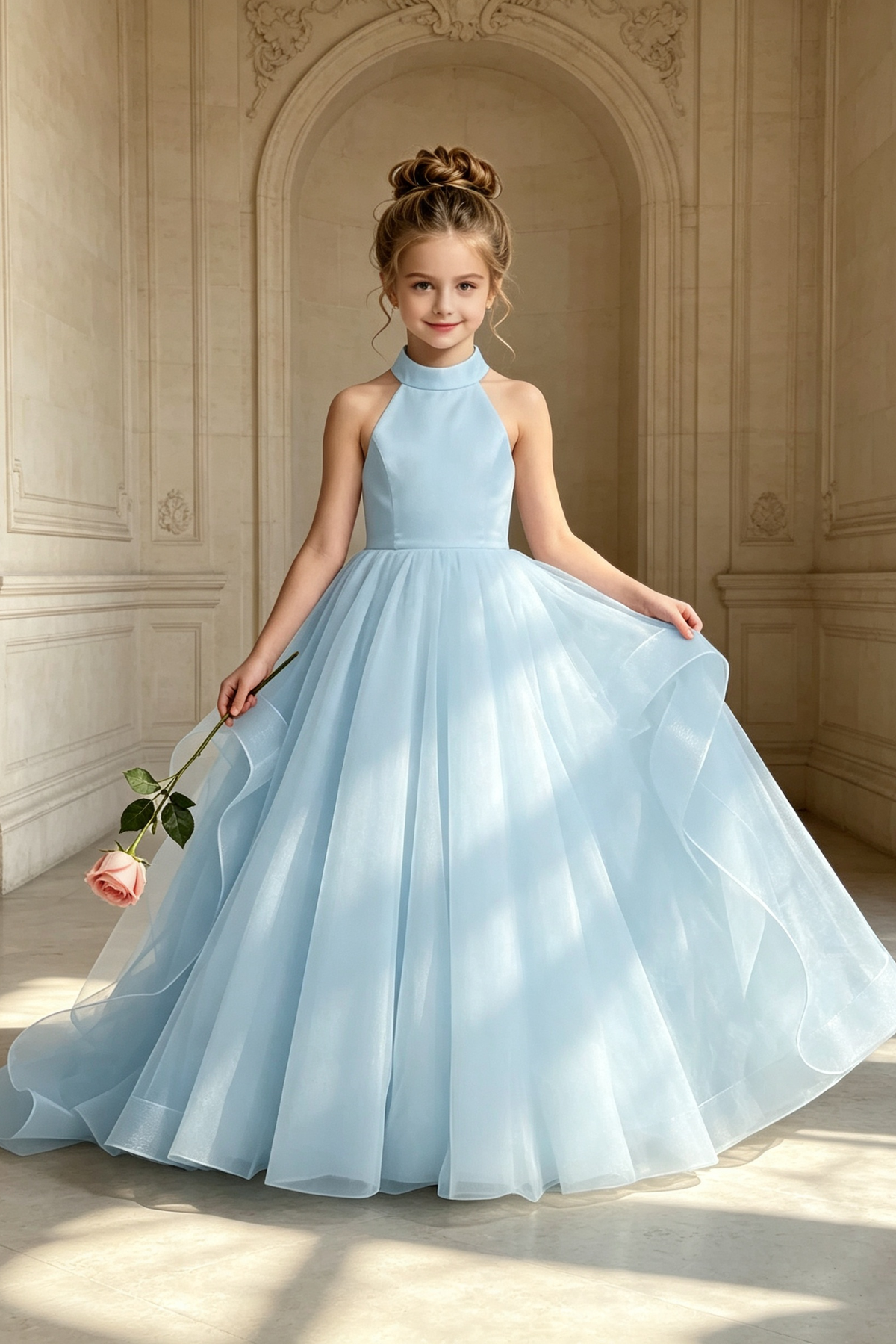Light Pink Halter Neck Oversized Bow Back Satin Tulle A‑Line Formal Dress