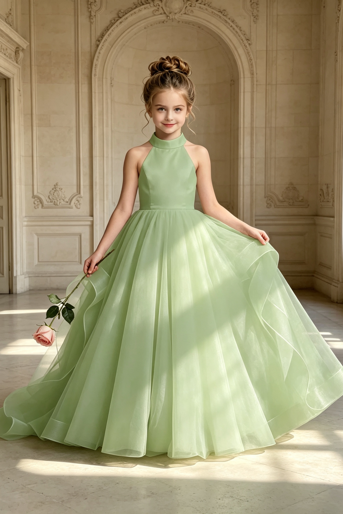 Light Pink Halter Neck Oversized Bow Back Satin Tulle A‑Line Formal Dress