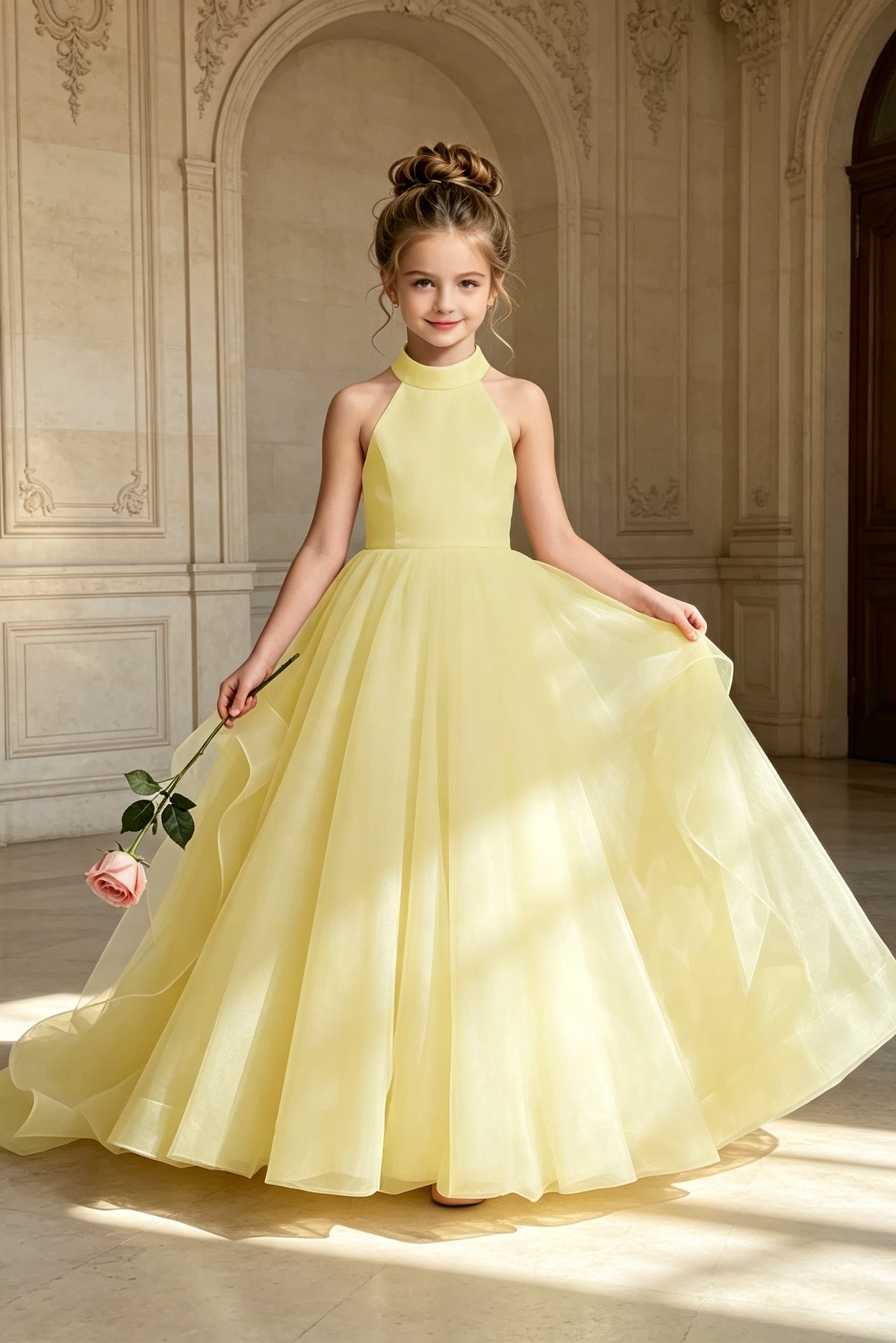 Light Pink Halter Neck Oversized Bow Back Satin Tulle A‑Line Formal Dress