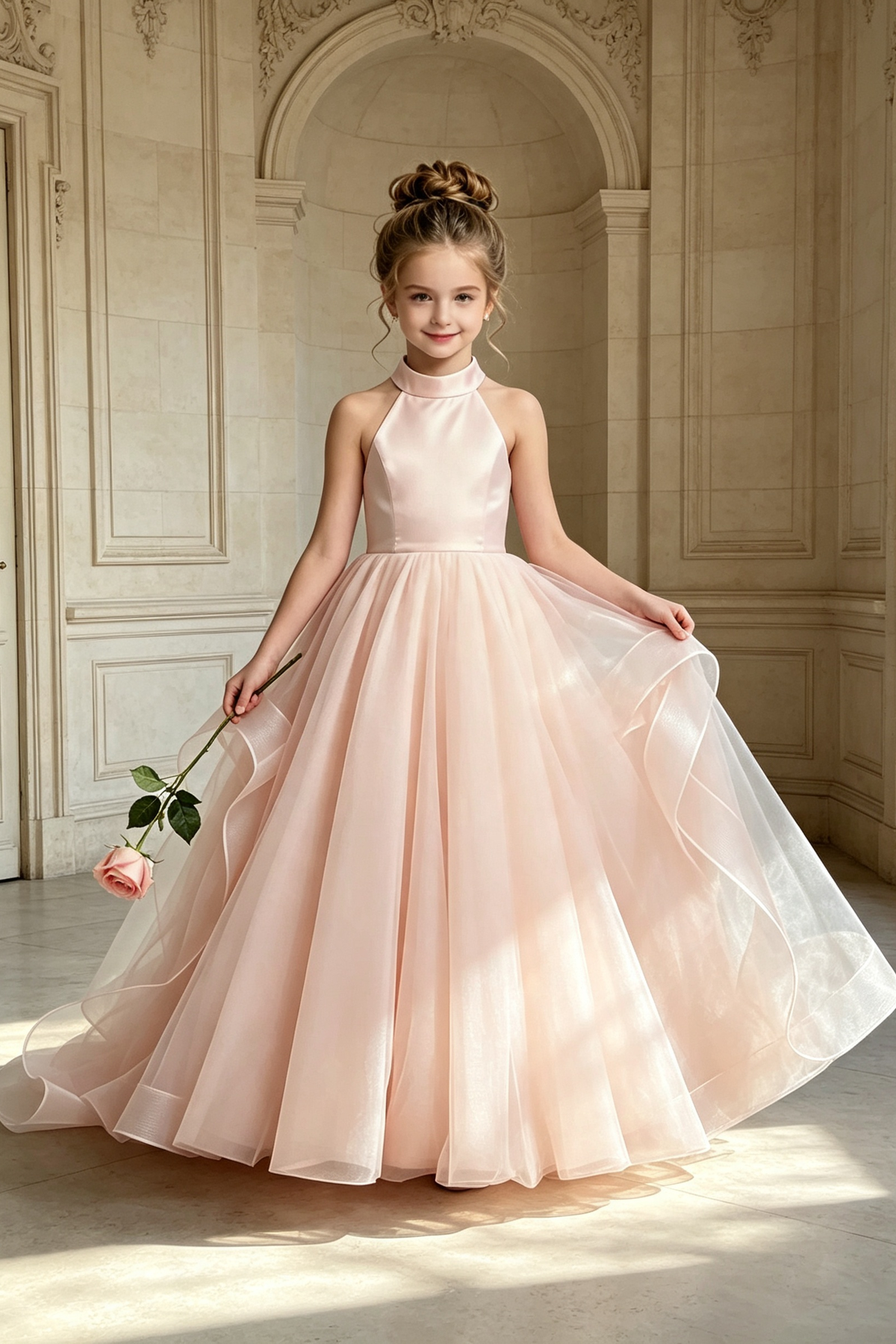 Light Pink Halter Neck Oversized Bow Back Satin Tulle A‑Line Formal Dress