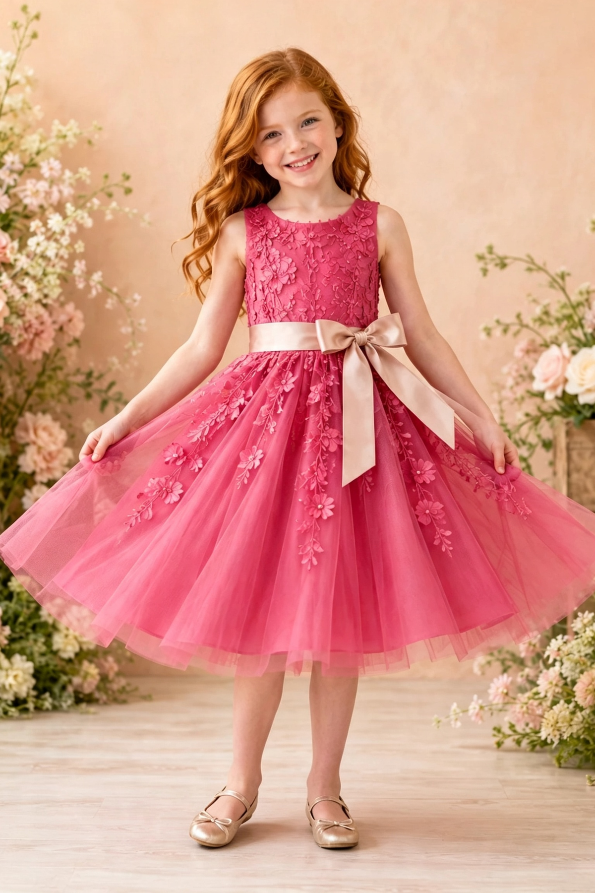 Magenta Round Neck Tulle 3D Floral Lace Appliqué Satin Bow  A‑Line Dress