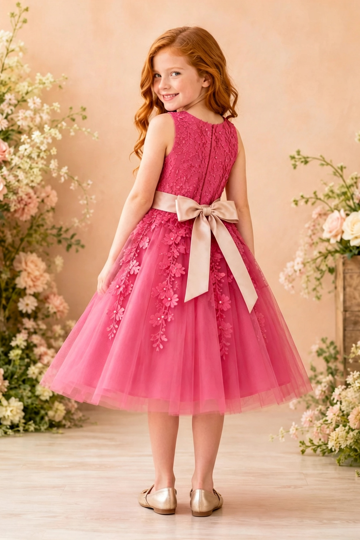 Magenta Round Neck Tulle 3D Floral Lace Appliqué Satin Bow  A‑Line Dress