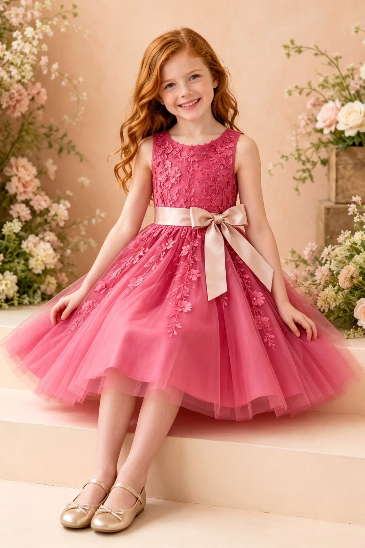 Magenta Round Neck Tulle 3D Floral Lace Appliqué Satin Bow  A‑Line Dress