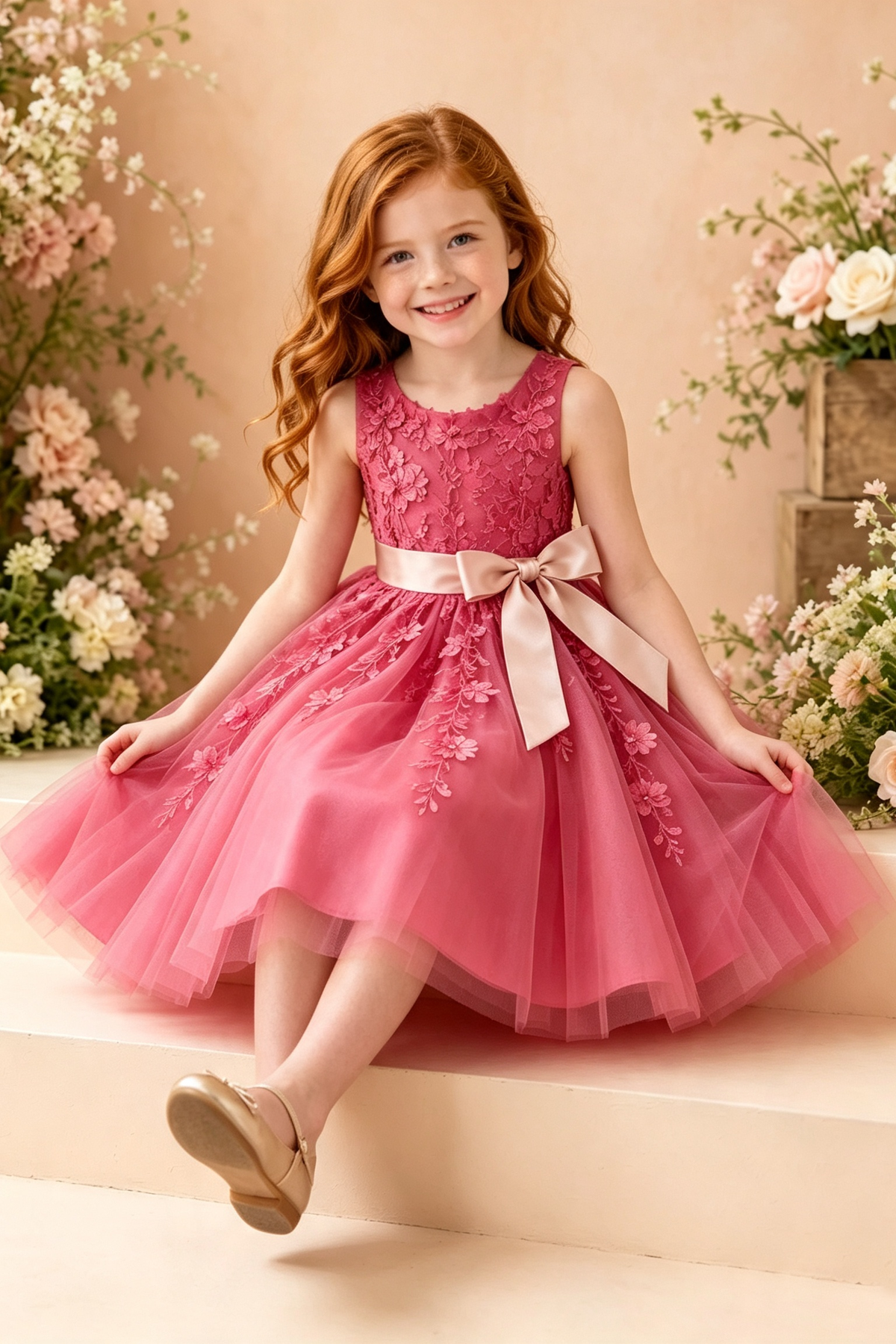 Magenta Round Neck Tulle 3D Floral Lace Appliqué Satin Bow  A‑Line Dress