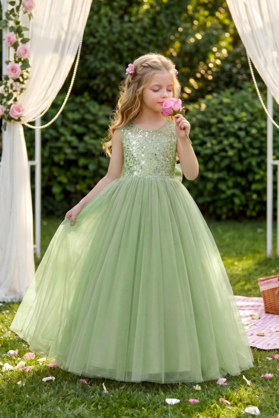 Sage Green Sequin Tulle Bodice Large Satin Bow Back A‑Line Dress