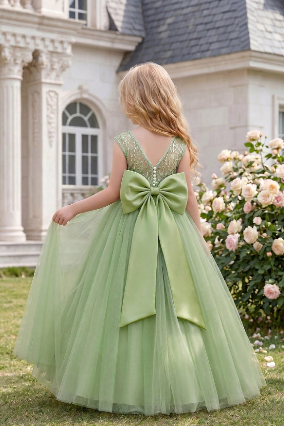 Sage Green Sequin Tulle Bodice Large Satin Bow Back A‑Line Dress