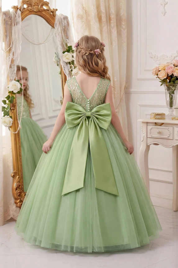 Sage Green Sequin Tulle Bodice Large Satin Bow Back A‑Line Dress