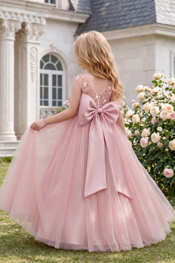 Sage Green Sequin Tulle Bodice Large Satin Bow Back A‑Line Dress