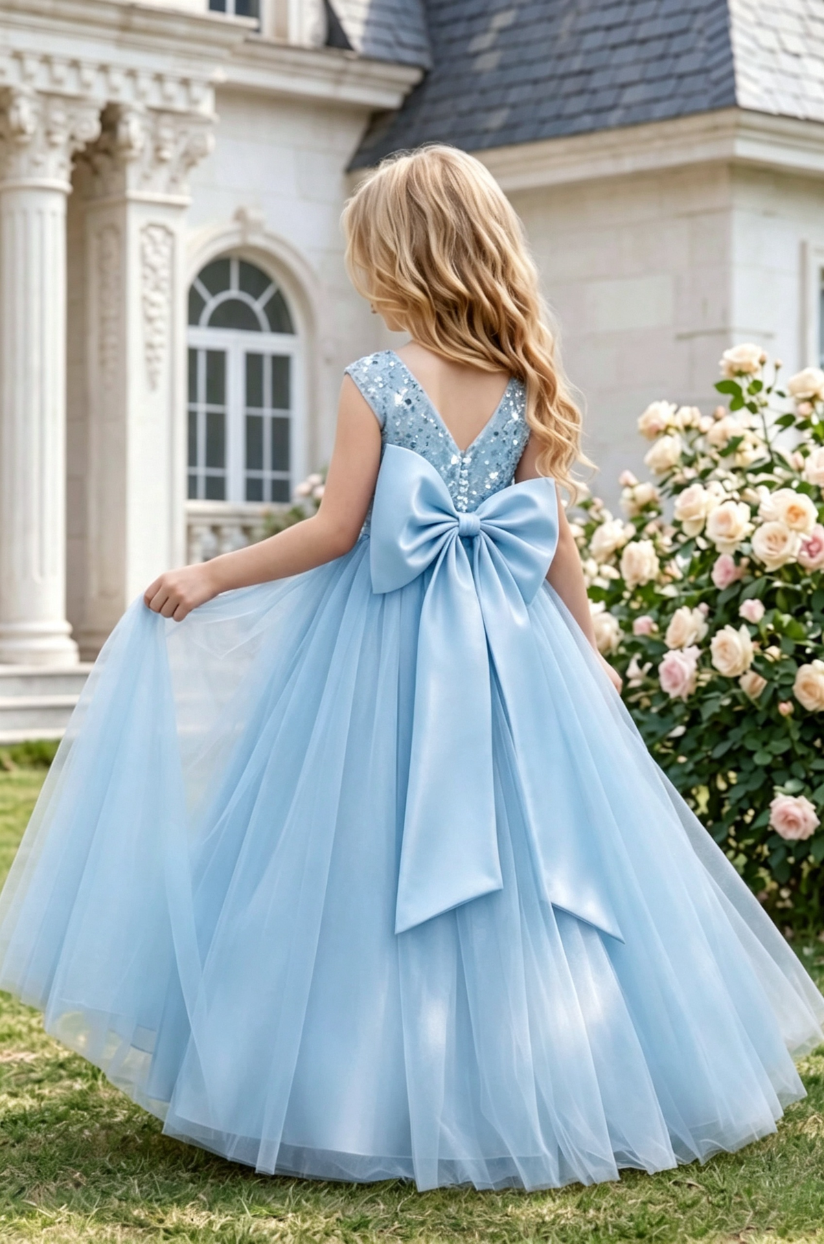 Sage Green Sequin Tulle Bodice Large Satin Bow Back A‑Line Dress