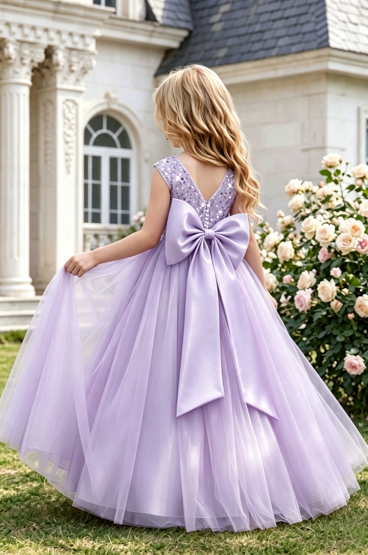 Sage Green Sequin Tulle Bodice Large Satin Bow Back A‑Line Dress