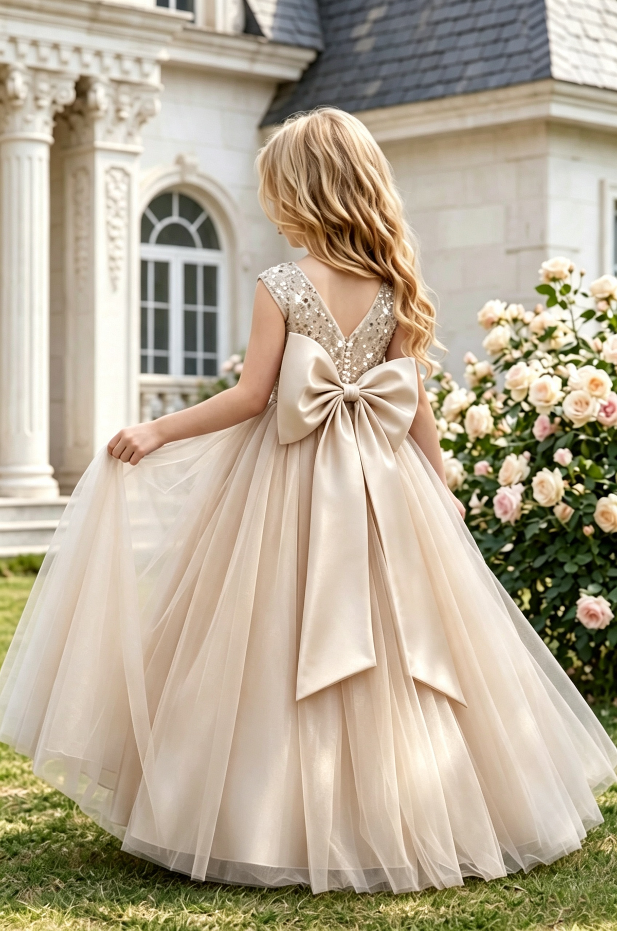 Sage Green Sequin Tulle Bodice Large Satin Bow Back A‑Line Dress