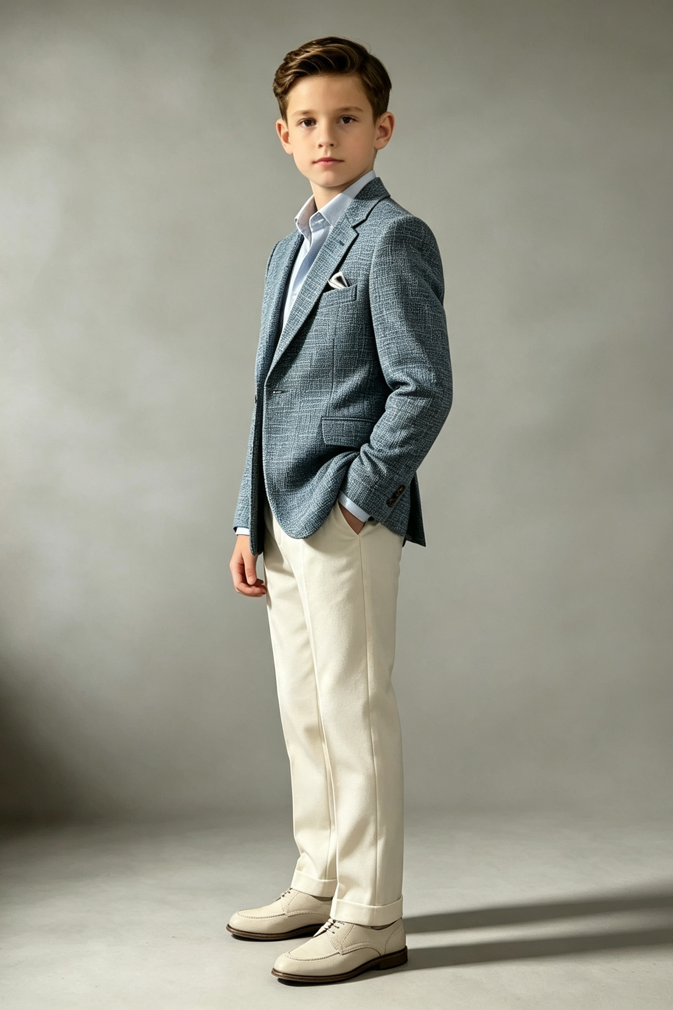 Blue?Grey & Off?White Linen?Blend Single?Breasted 2?Piece Suit