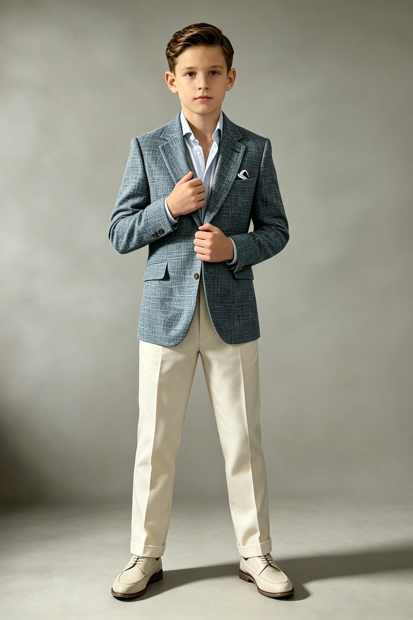 Blue?Grey & Off?White Linen?Blend Single?Breasted 2?Piece Suit