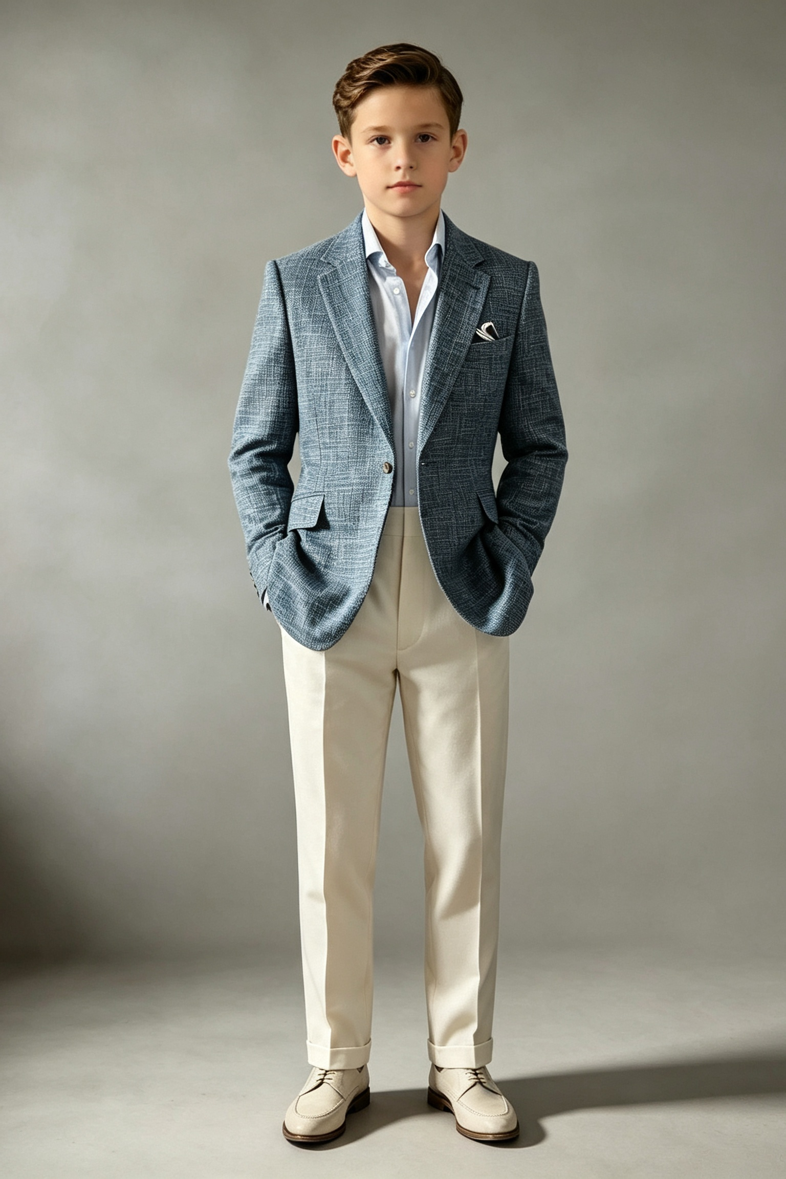 Blue?Grey & Off?White Linen?Blend Single?Breasted 2?Piece Suit
