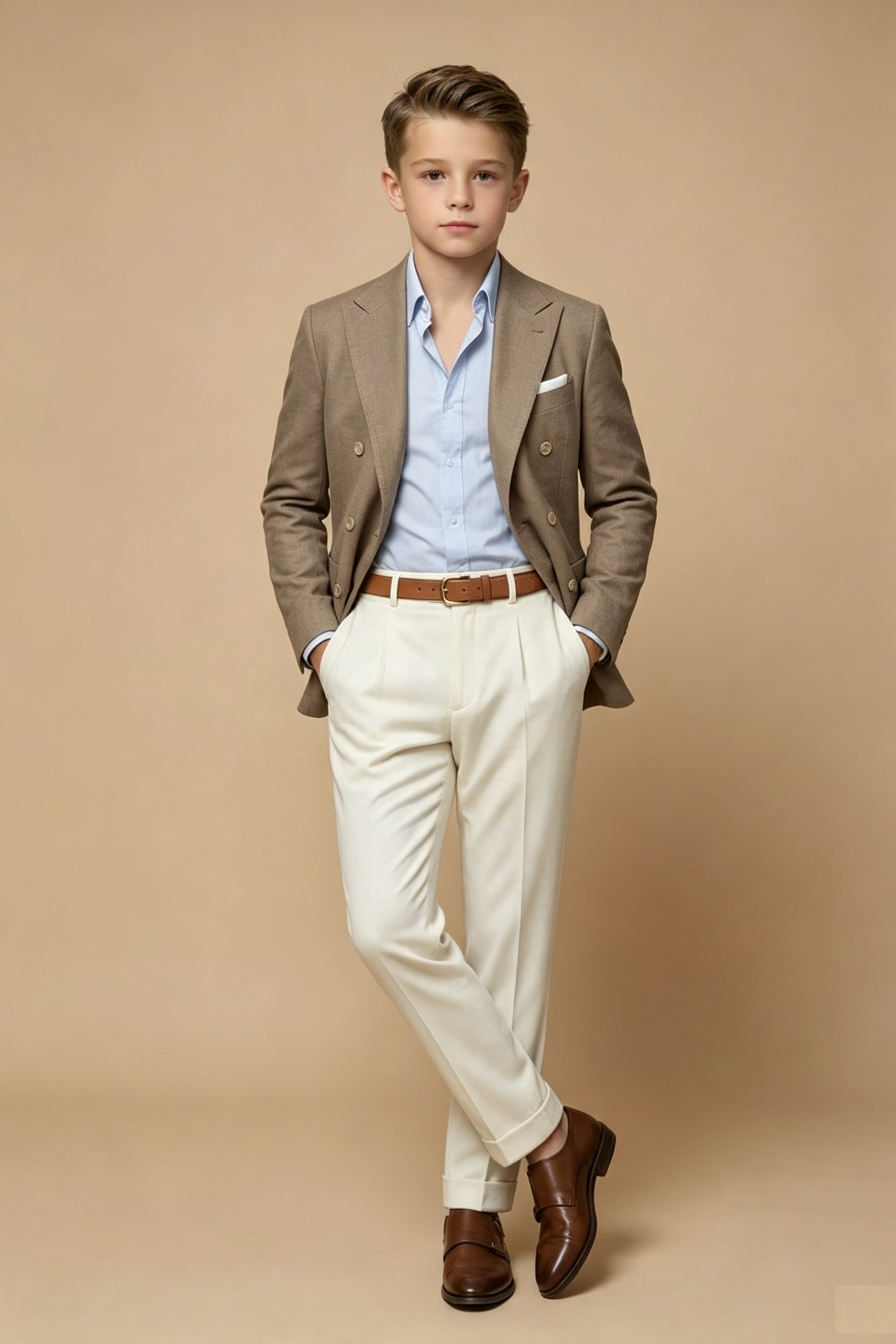 Light Taupe & Off?White Linen?Blend Double?Breasted 2?Piece Suit