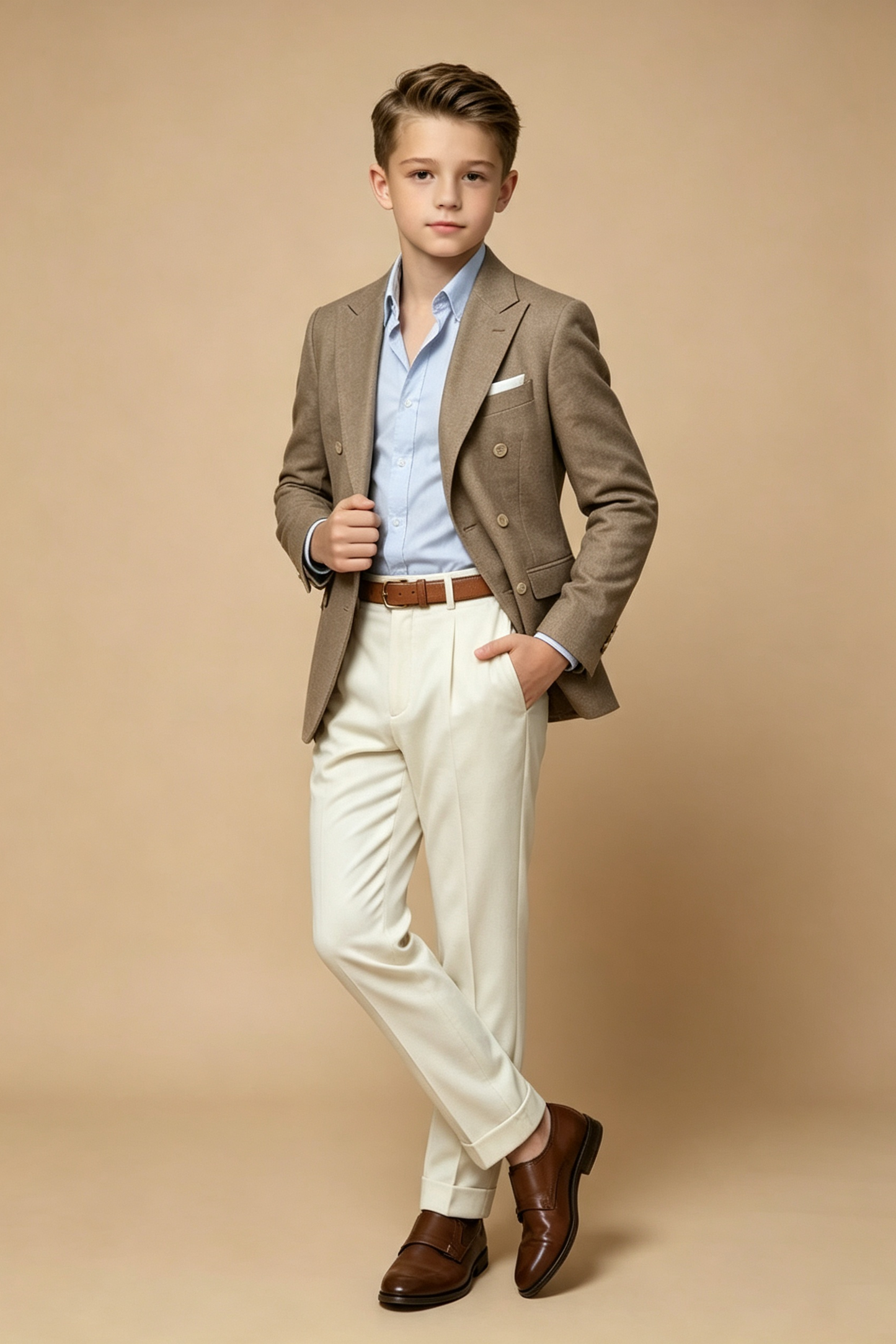 Light Taupe & Off?White Linen?Blend Double?Breasted 2?Piece Suit