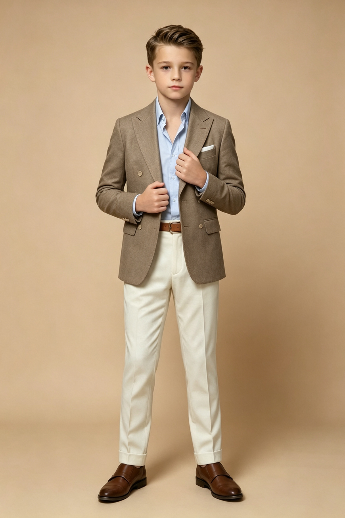 Light Taupe & Off?White Linen?Blend Double?Breasted 2?Piece Suit