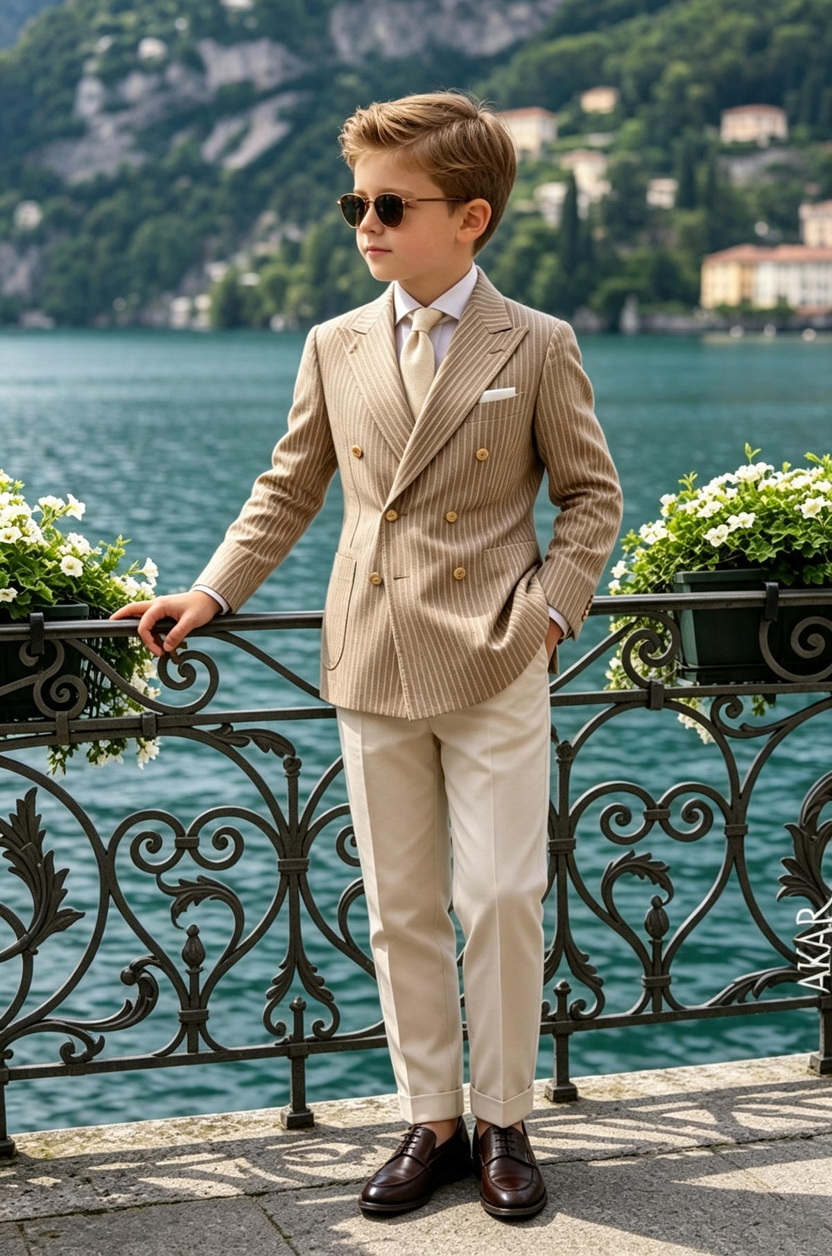 Light Khaki & Beige Striped Linen?Blend Double?Breasted 2?Piece Suit