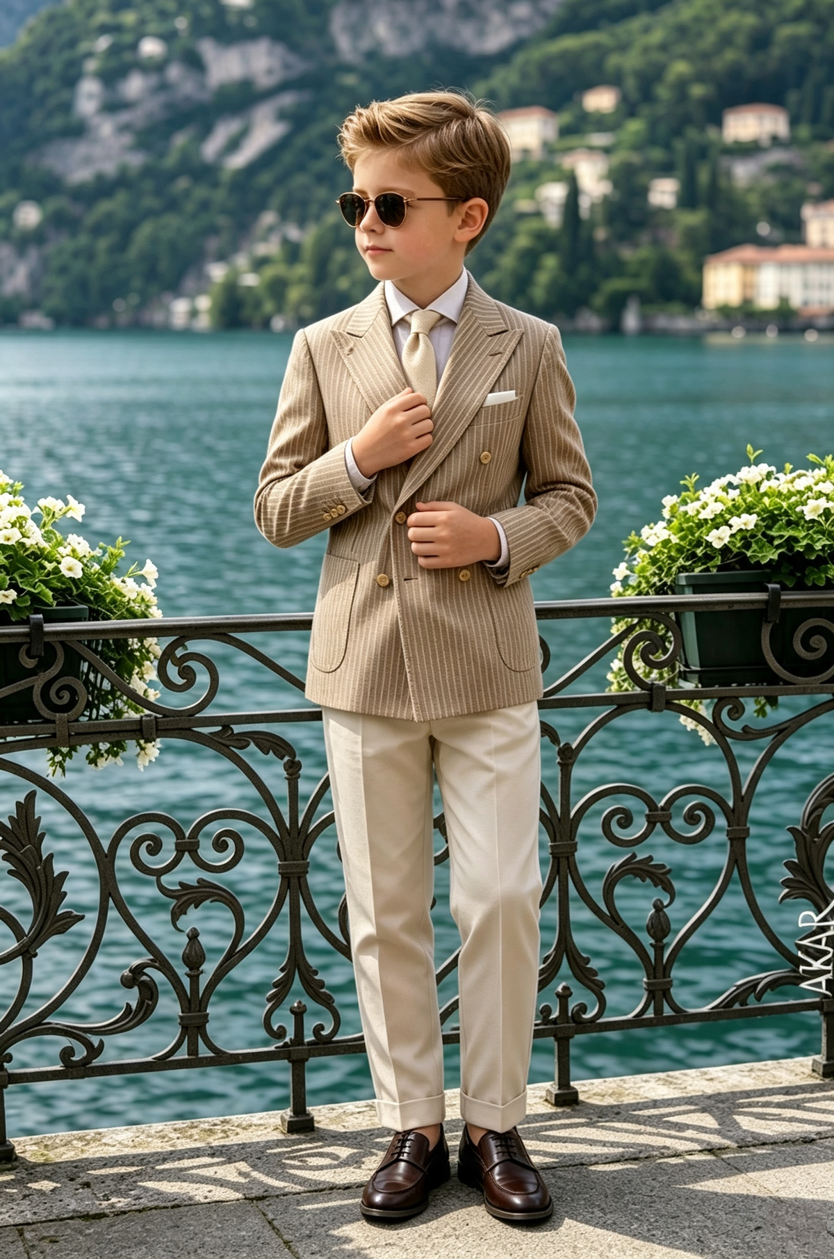 Light Khaki & Beige Striped Linen?Blend Double?Breasted 2?Piece Suit