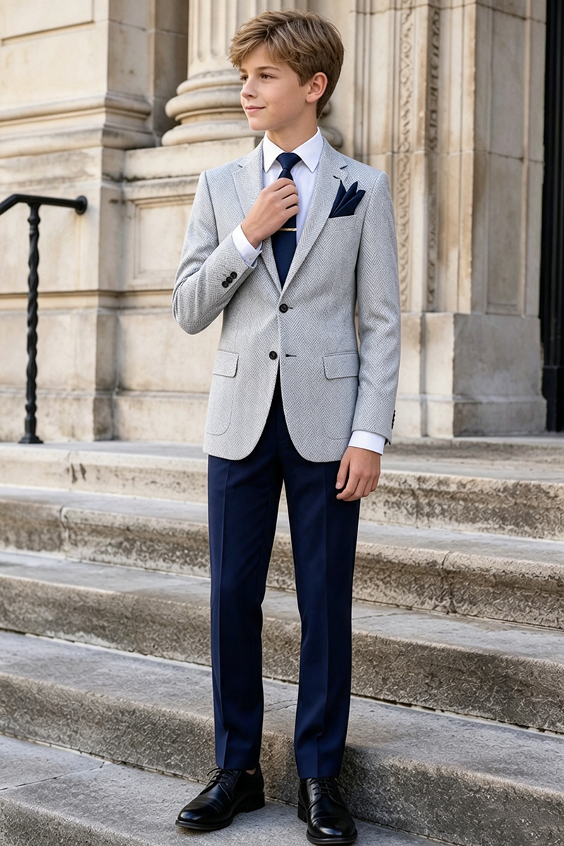 Boys Grey Herringbone Notch Lapel Blazer & Navy Trousers 2-Piece Suit for Weddings