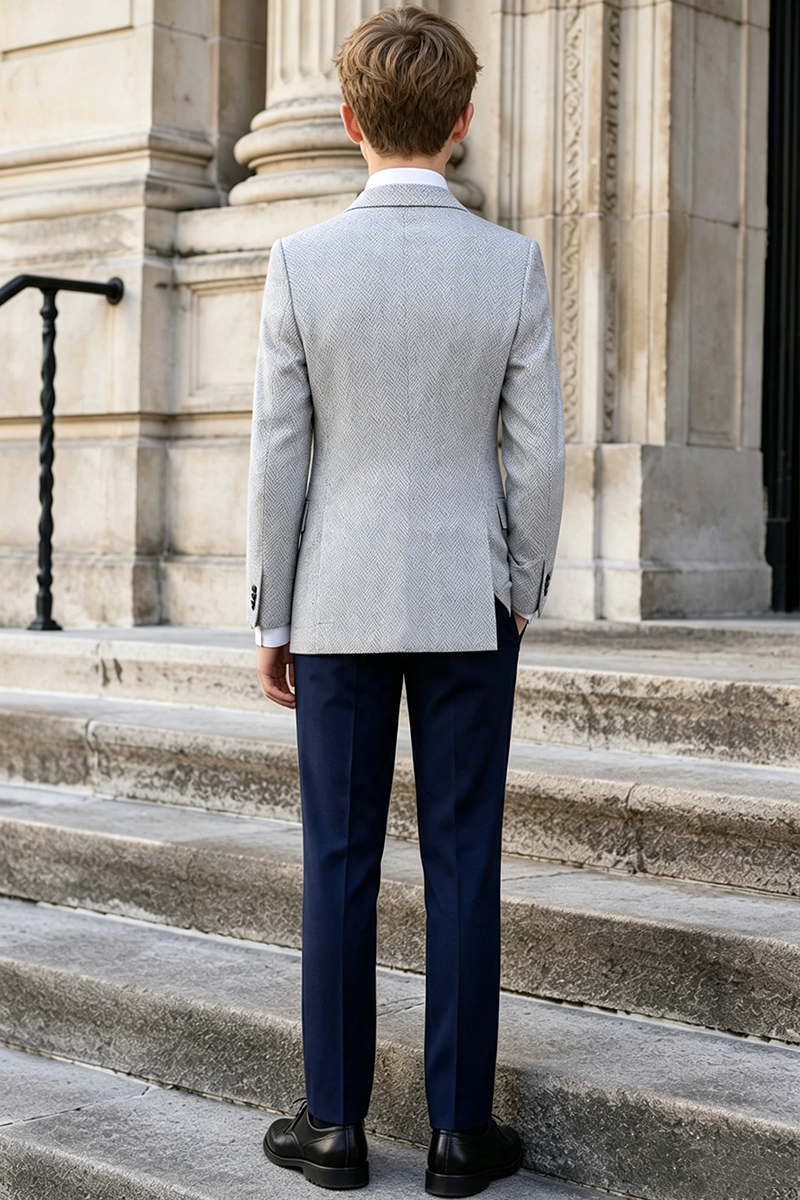 Boys Grey Herringbone Notch Lapel Blazer & Navy Trousers 2-Piece Suit for Weddings
