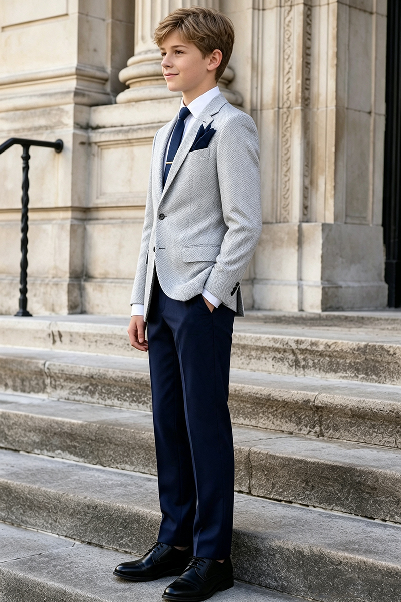 Boys Grey Herringbone Notch Lapel Blazer & Navy Trousers 2-Piece Suit for Weddings