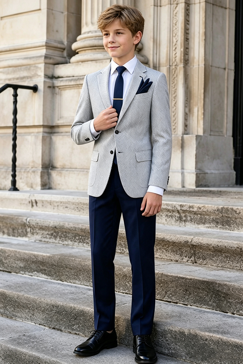 Boys Grey Herringbone Notch Lapel Blazer & Navy Trousers 2-Piece Suit for Weddings