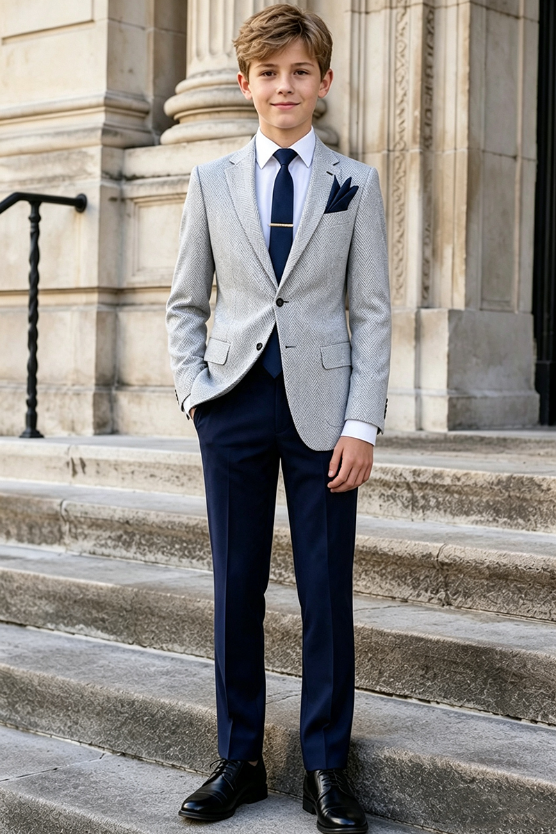 Boys Grey Herringbone Notch Lapel Blazer & Navy Trousers 2-Piece Suit for Weddings