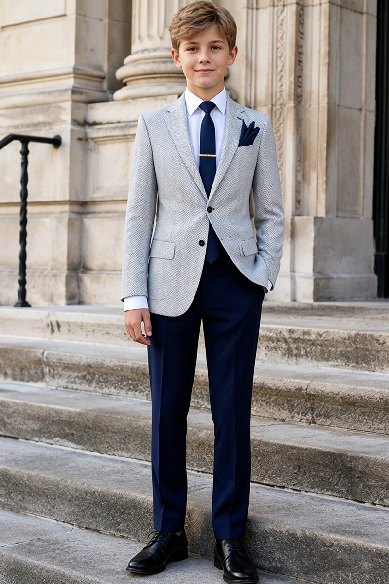 Boys Grey Herringbone Notch Lapel Blazer & Navy Trousers 2-Piece Suit for Weddings