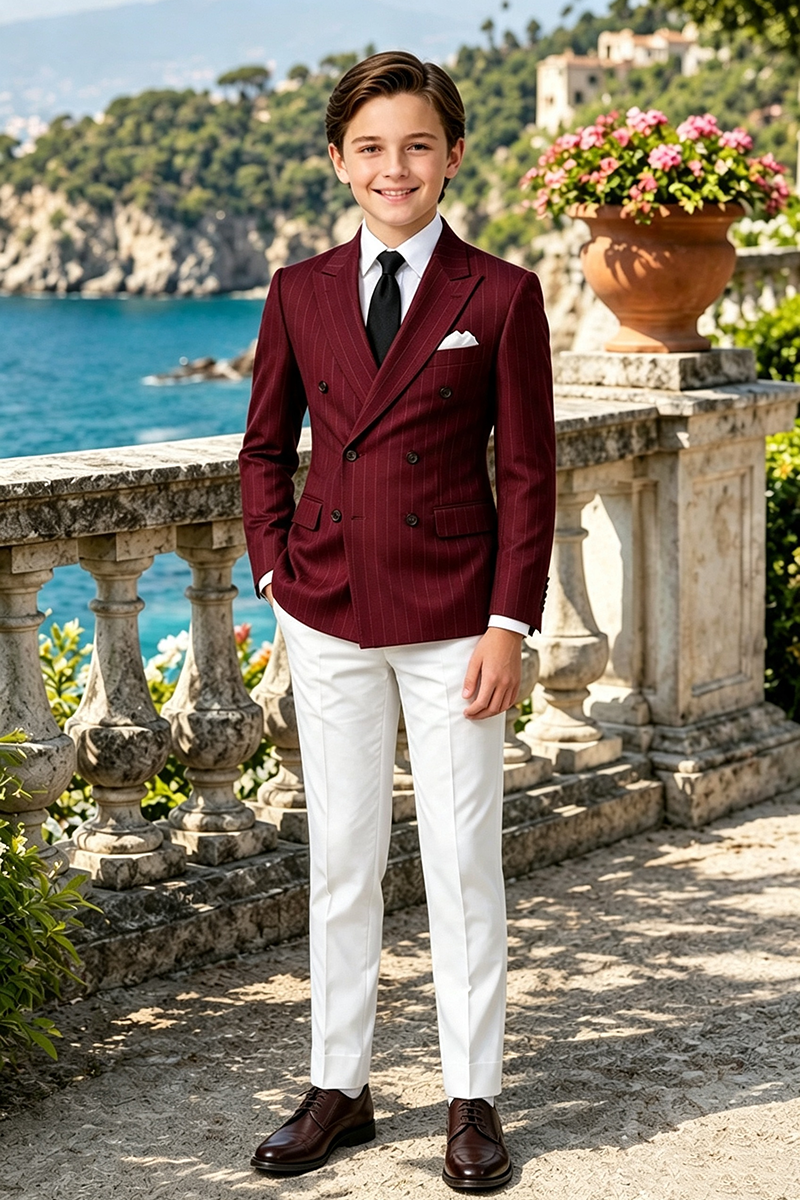 Boys Burgundy Pinstripe Double-Breasted Blazer & White Trousers 2-Piece Suit for Weddings