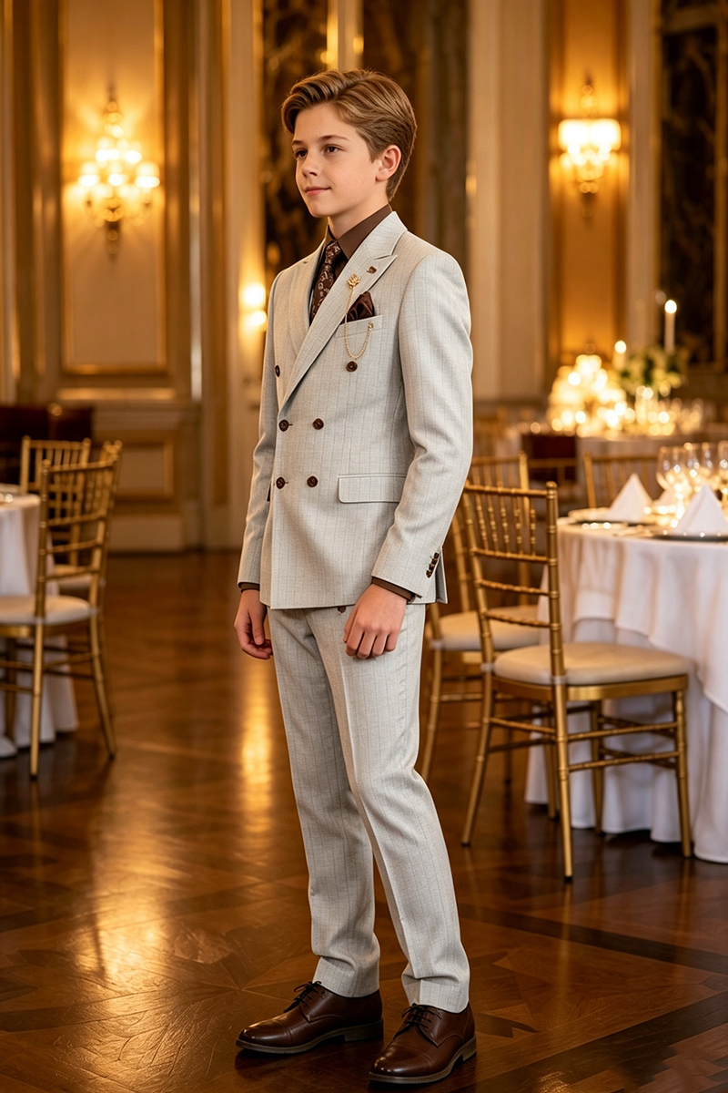 Boys Light Grey Pinstripe Double-Breasted 2-Piece Suit for Weddings