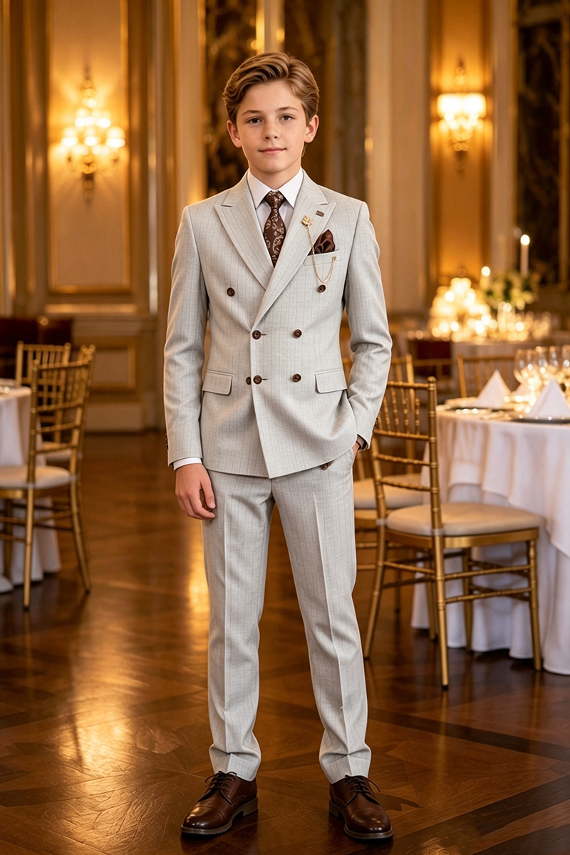 Boys Light Grey Pinstripe Double-Breasted 2-Piece Suit for Weddings