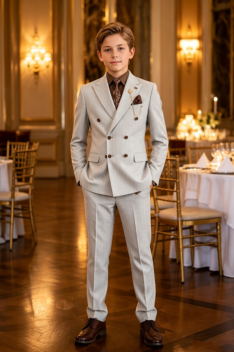 Boys Light Grey Pinstripe Double-Breasted 2-Piece Suit for Weddings