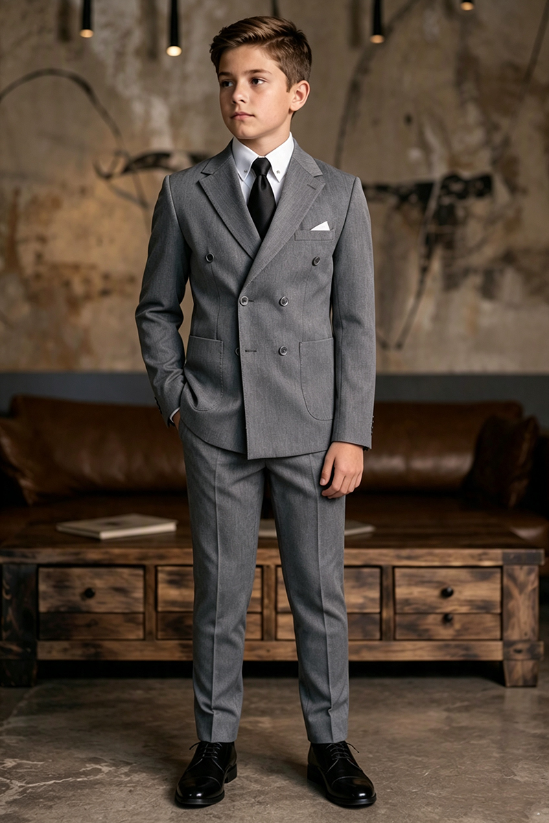 Boys Grey Double-Breasted Notch Lapel 2-Piece Suit for Weddings