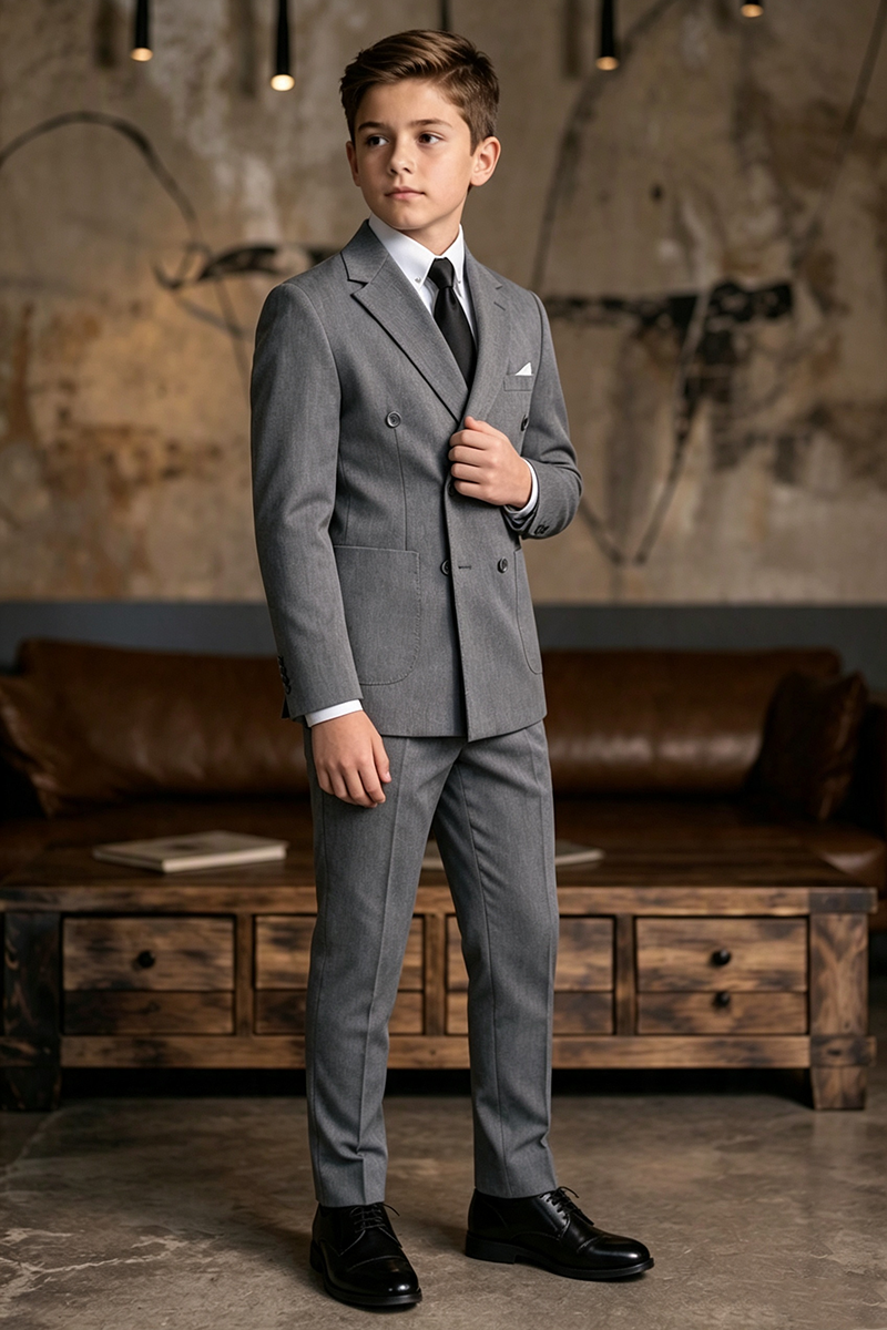 Boys Grey Double-Breasted Notch Lapel 2-Piece Suit for Weddings