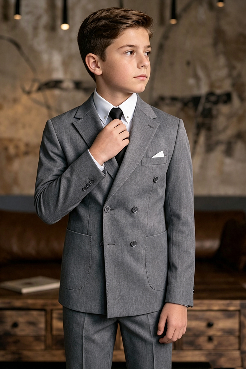 Boys Grey Double-Breasted Notch Lapel 2-Piece Suit for Weddings