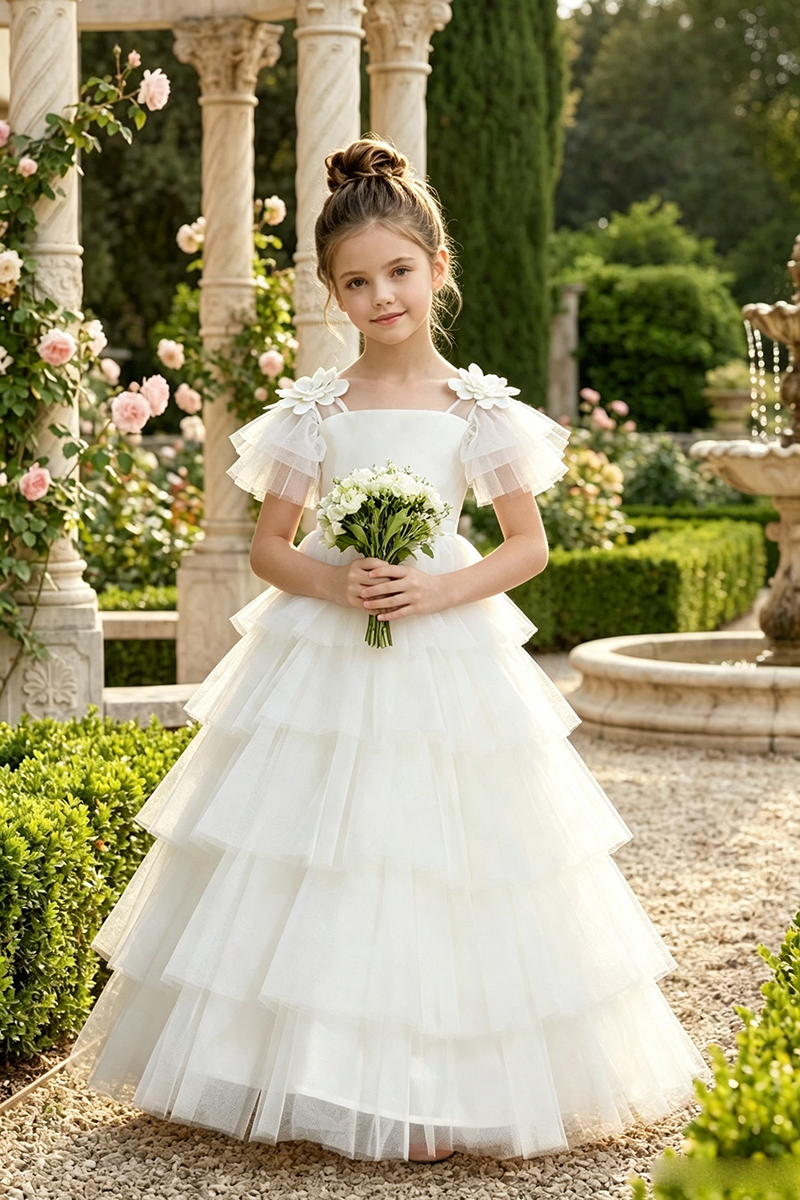 Girls White Tiered Tulle Flower Girl Dress for Weddings with Back Bow Detail