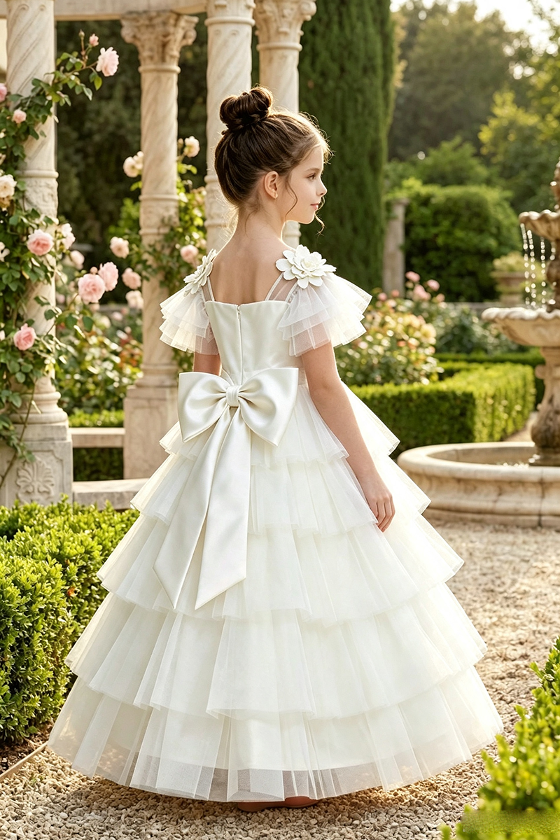 Girls White Tiered Tulle Flower Girl Dress for Weddings with Back Bow Detail