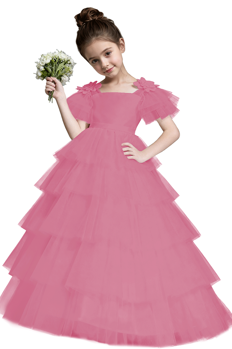 Girls White Tiered Tulle Flower Girl Dress for Weddings with Back Bow Detail