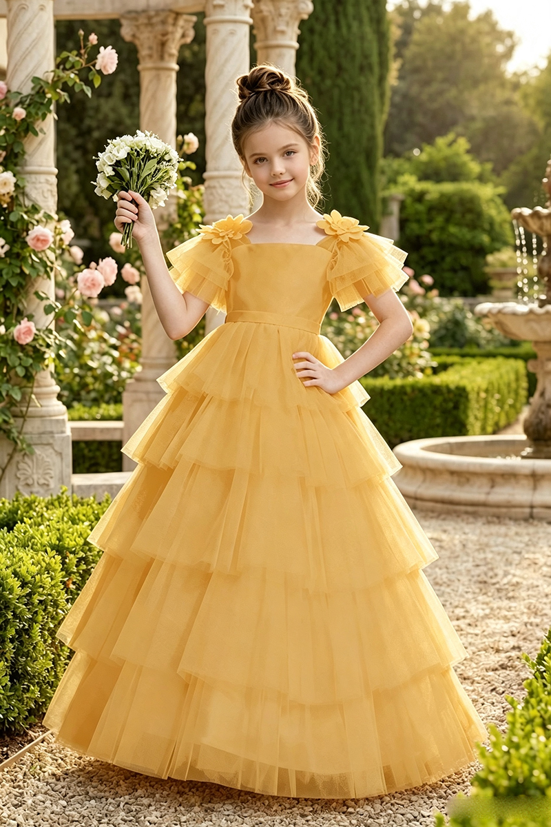 Girls White Tiered Tulle Flower Girl Dress for Weddings with Back Bow Detail
