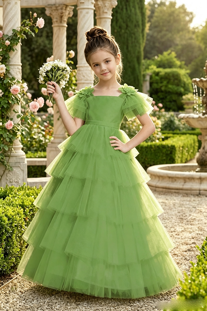 Girls White Tiered Tulle Flower Girl Dress for Weddings with Back Bow Detail