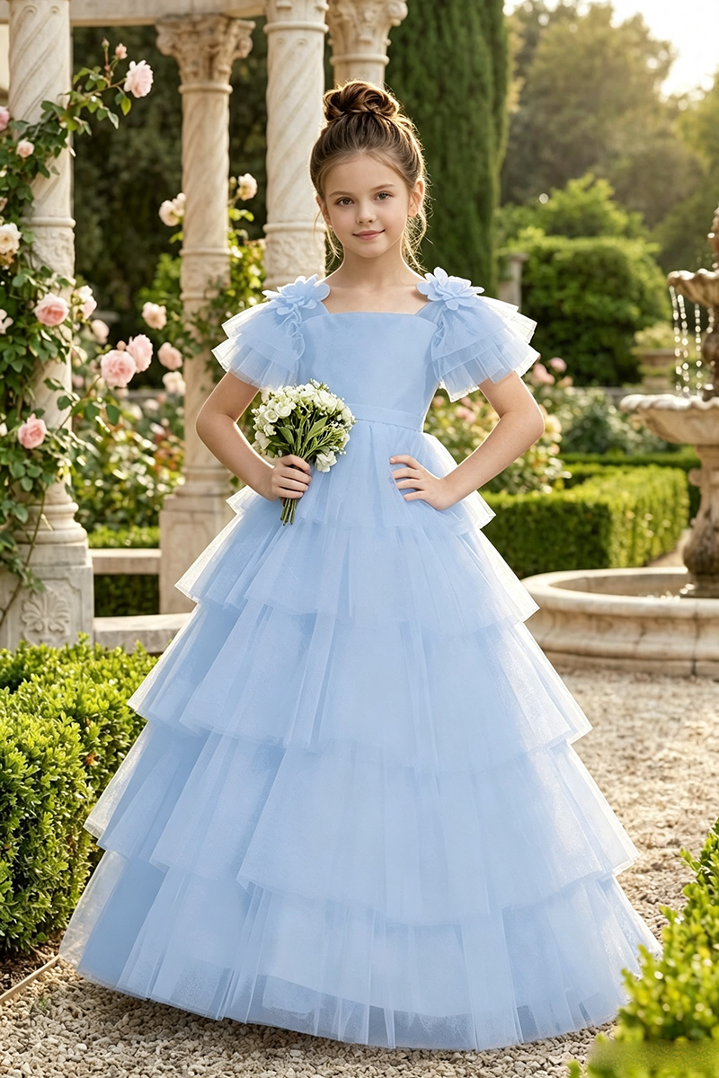 Girls White Tiered Tulle Flower Girl Dress for Weddings with Back Bow Detail