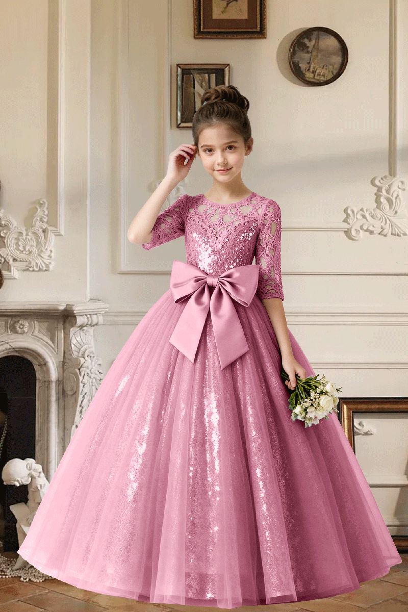 Girls Pink Sequin Lace Half-Sleeve Gown for Weddings with Large Satin Bow