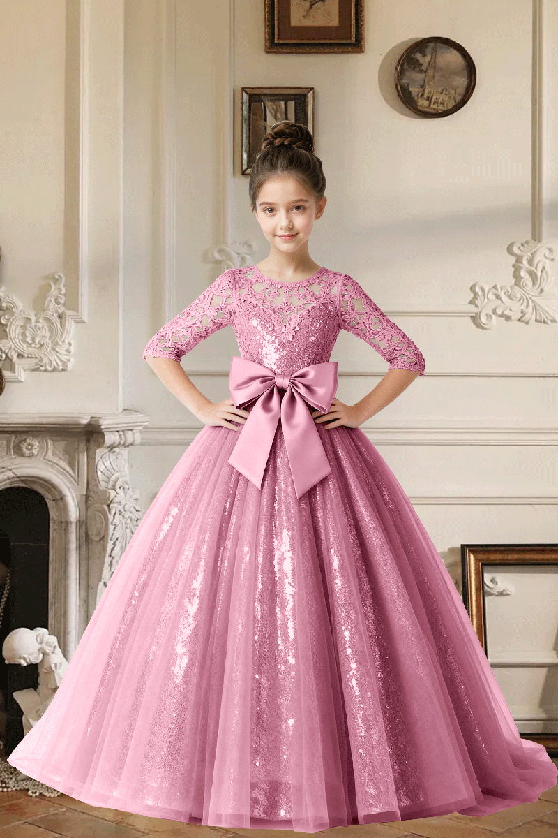 Girls Pink Sequin Lace Half-Sleeve Gown for Weddings with Large Satin Bow