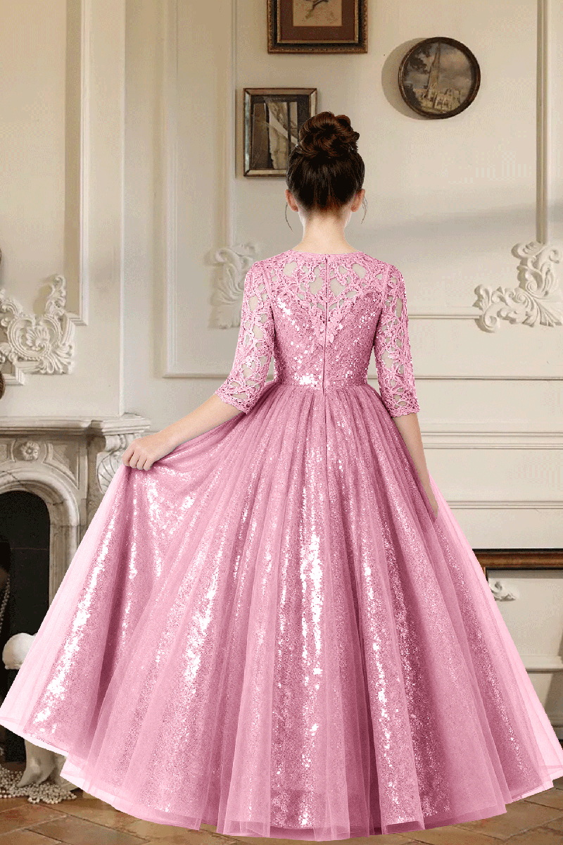 Girls Pink Sequin Lace Half-Sleeve Gown for Weddings with Large Satin Bow
