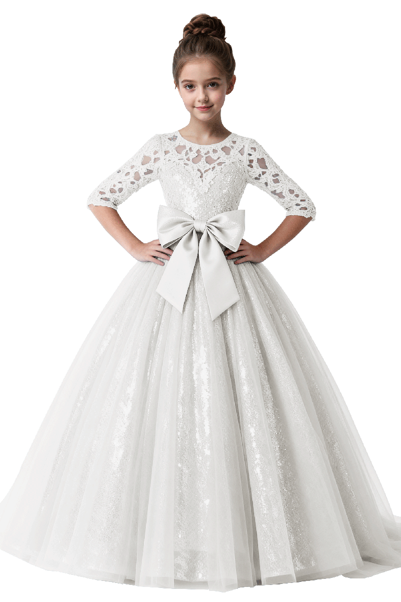 Girls Pink Sequin Lace Half-Sleeve Gown for Weddings with Large Satin Bow
