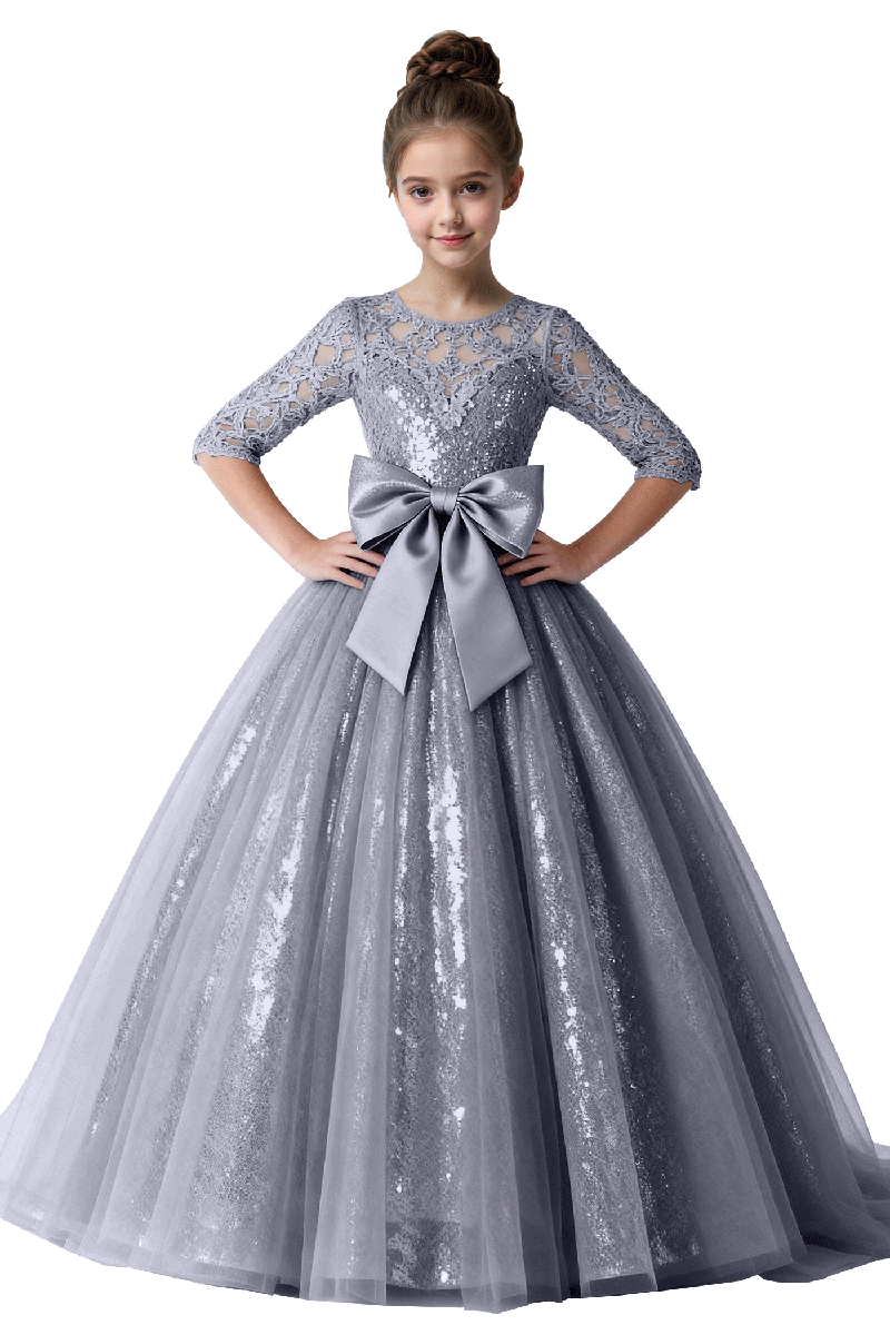 Girls Pink Sequin Lace Half-Sleeve Gown for Weddings with Large Satin Bow