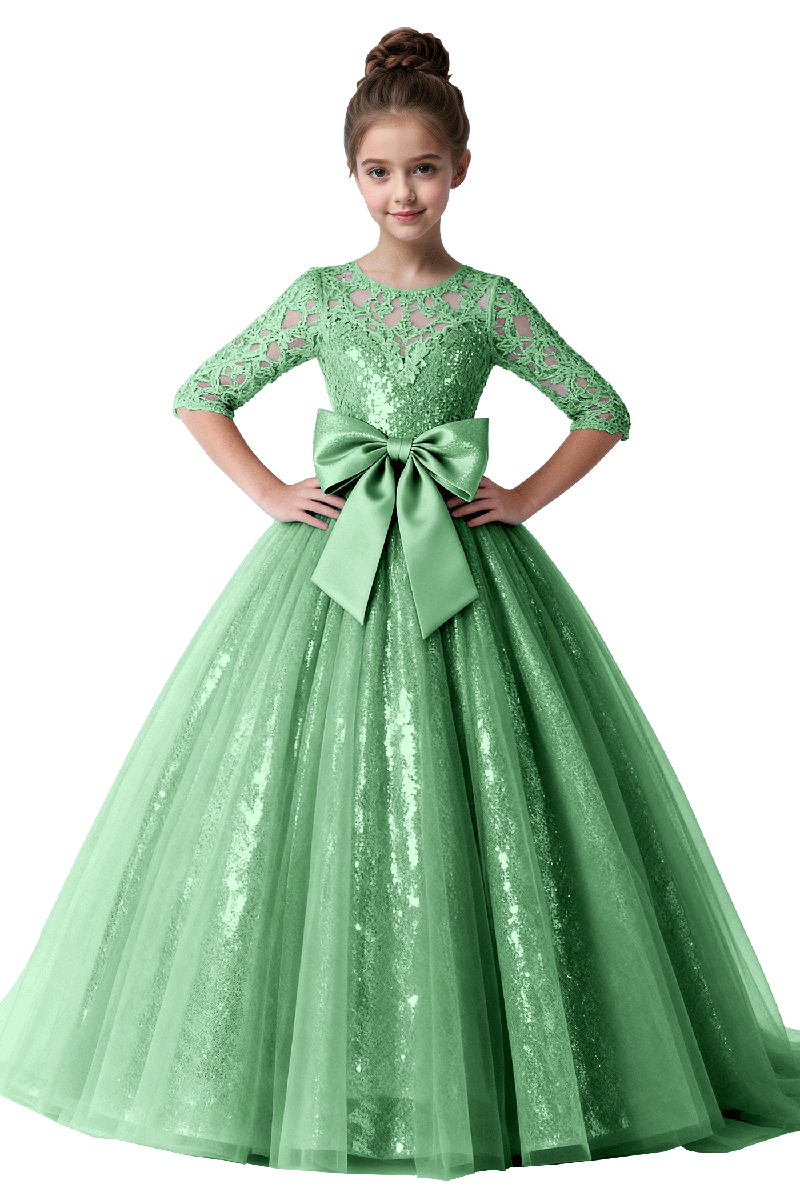 Girls Pink Sequin Lace Half-Sleeve Gown for Weddings with Large Satin Bow