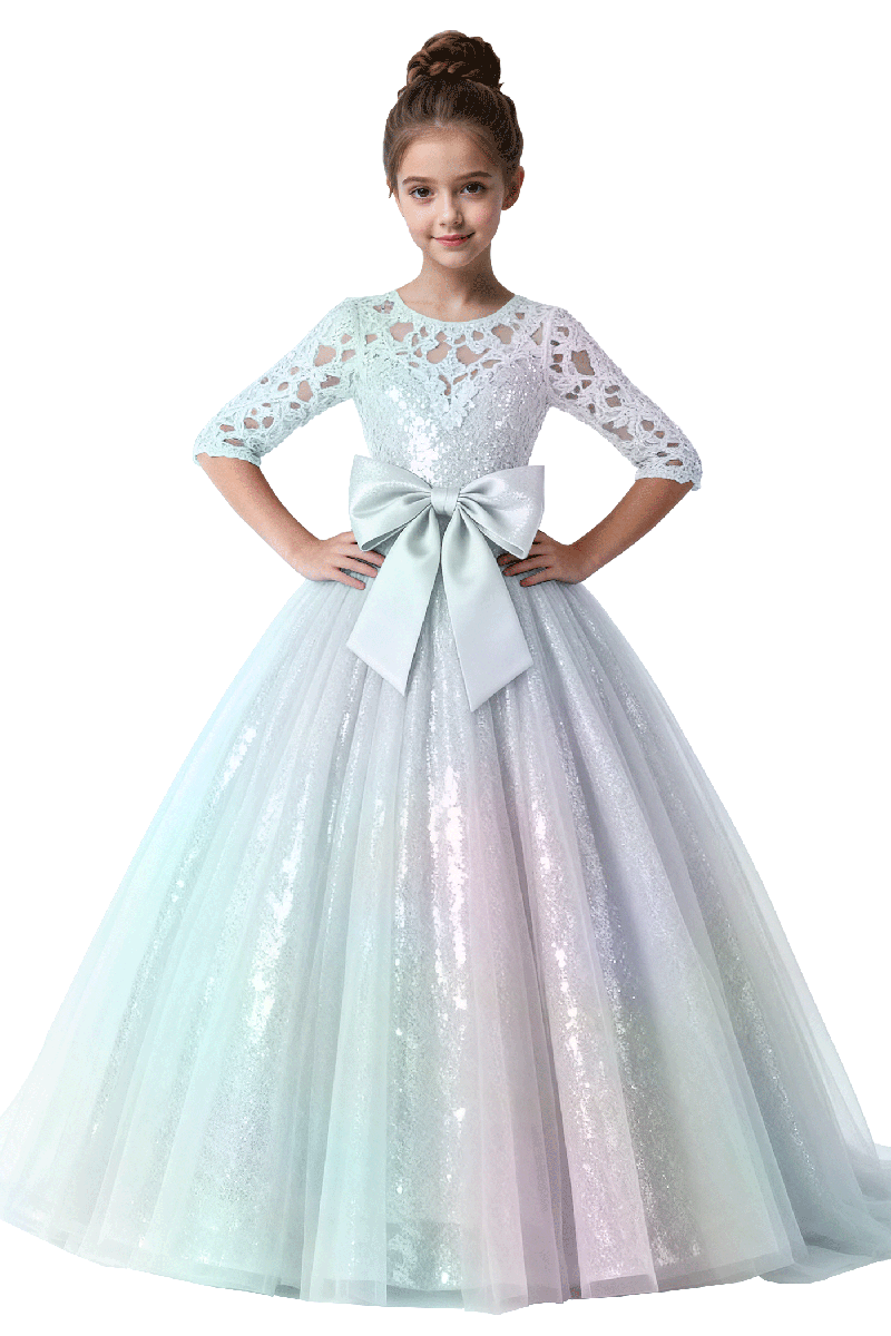 Girls Pink Sequin Lace Half-Sleeve Gown for Weddings with Large Satin Bow